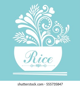 Traditional bowl of rice with chopsticks. Flat vector illustration isolated on mint background. Vector illustration