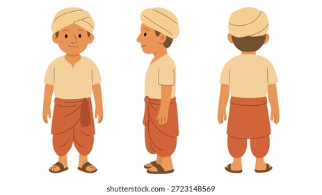 Vector de personaje de niño tradicional, Traje de niño Vistas traseras laterales delanteras, Giro de dibujos animados, Diseño de personaje plano
