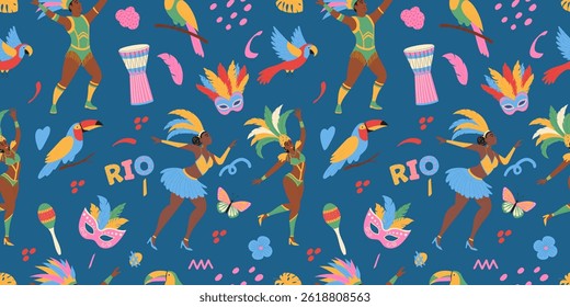 Carnaval tradicional do Brasil. Padrão perfeito com máscaras, pássaro, pessoas dançantes no traje, elementos de rabiscar