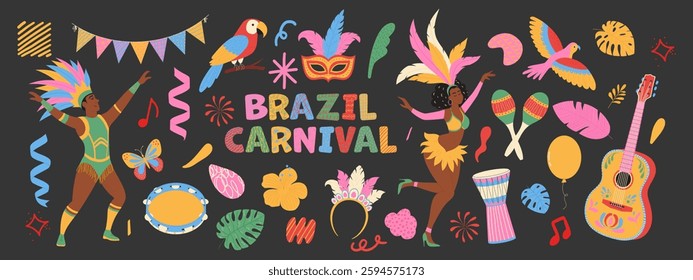 Traditional Brazil symbols set. Masks, bird, dancing people in costume, guitar, garland. Trendy collection.