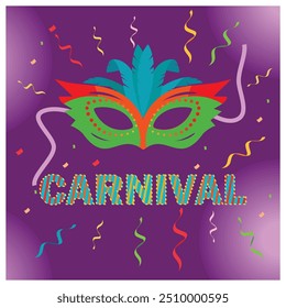 Traditional Brazilian carnival. Carnival celebration with feather masks and colorful confetti. Carnival party concept. Flat vector illustration.