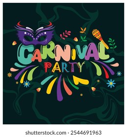 Carnaval tradicional brasileño. Festival de música de samba con maracas y máscaras de plumas. Concepto de fiesta de carnaval. Ilustración vectorial plana.