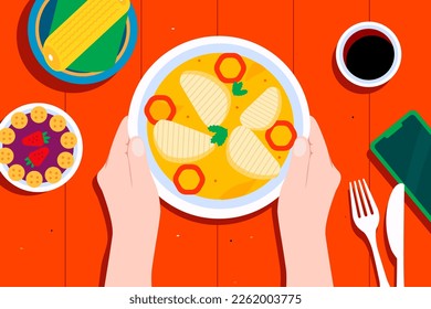 Traditional Brazilian cuisine. "Moqueca" fish stew, "açaí", sweet corn cake.