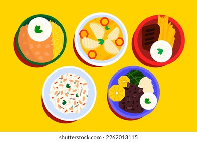 Traditional brazilian cuisine. Top view of dishes. "Strogonoff", "Moqueca" cod fish, french fries, meat, rice, "feijoada"and "baião de dois", beans.