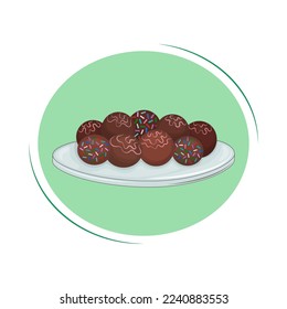 The traditional Brazilian dessert is Brigadeiro. Chocolate round candies. Vector illustration. Cartoon.