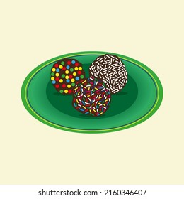 Traditional Brazilian dessert brigadeiro, round chocolates with confectionery powder in a plate with the colors of the flag of Brazil