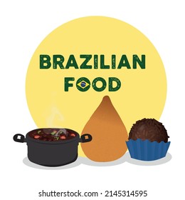 traditional Brazilian foods, feijoada, brigadeiro and coxinha. South American regional foods.