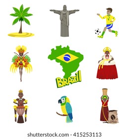 Traditional Brazilian Symbols With People  Flat Isolated Icons Set Of Colorful Vector Design Illustrations
