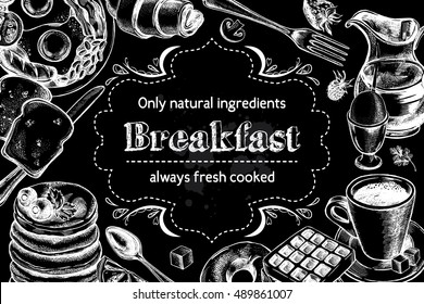 Traditional breakfast. Composition of hand drawn food elements: English breakfast, coffee, pancakes, toast, waffle. Vector illustration. Menu or signboard template for bakery and cafe.