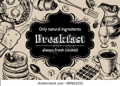 Traditional breakfast. Composition of hand drawn food elements: English breakfast, coffee, pancakes, toast, waffle. Vector illustration. Menu or signboard template for bakery and cafe.