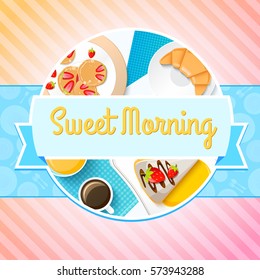 Traditional breakfast concept with pancakes piece of pie honey croissant and cup of black coffee vector illustration