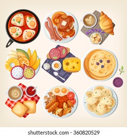 Traditional breakfast dishes from different countries: Israel, USA, France, Hawaii (USA), Denmark, Sweden, Italy, Great Britain, Poland. Vector illustrations.