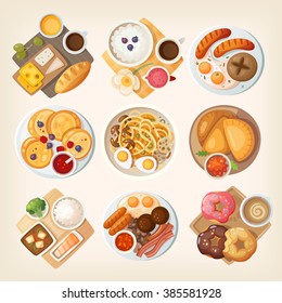 Traditional breakfast dishes from different countries and places: Israel, Iceland, Germany, Russia, Korea, Venezuela, Japan, Ireland, USA. Vector illustrations.