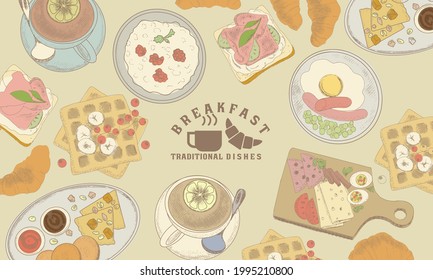 Traditional breakfast dishes. Eggs and sausage with cheese. Fried eggs with sausage. Porridge, waffles and tea with croissant. Engraved style.
