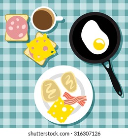 Traditional breakfast in flat style design over blue tablecloth