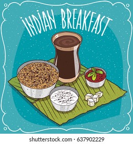 Traditional breakfast, food of Indian cuisine, muesli or oatmeal with spicy sauce and curd cheese, on banana leaf plate and masala chai tea. Hand drawn comic style. Vector illustration