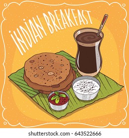 Traditional breakfast, food of Indian cuisine, round flatbread with spicy sauce and curd cheese, on banana leaf plate and masala chai tea. Hand drawn comic style. Vector illustration