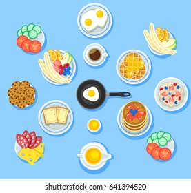 Traditional breakfast food set with vegetables fruits omelette cookie waffles toasts pancakes honey coffee muesli cheese salami isolated vector illustration