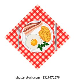 Traditional breakfast with fried egg, bacon, beans. Top view. Vector illustration.