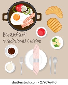 Traditional breakfast with fried eggs, bacon, toasts, croissant, coffee and cream