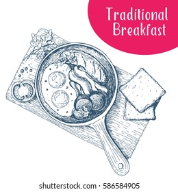 Traditional breakfast in a frying pan top view  vector illustration. English breakfast with fried eggs, bacon, tomato and bread.