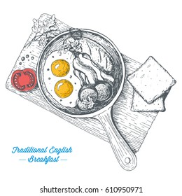 Traditional breakfast in a frying pan top view vector illustration. English breakfast with fried eggs, bacon, tomato and bread.