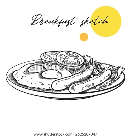 Traditional breakfast in a plate side view hand drawn vector illustration. English breakfast with fried eggs, bacon, tomato and meat sausages.