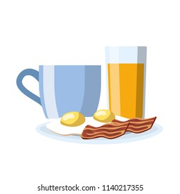 Traditional breakfast set with orange juice, cup of coffee, omelette and bacon. Tasty and fresh food. Isolated flat vector illustration