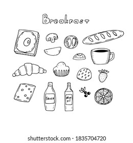 Desayuno tradicional, ilustración vectorial, bocadillo de huevos, pan, verduras, bollería, café y salsas, dibujo a mano