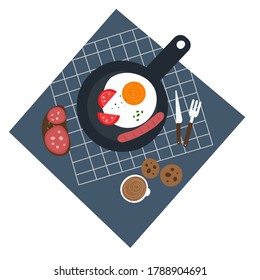 Traditional breakfast top view vector illustration. Fried egg with sausage in a frying pan, coffee and sandwich. Food elements collection.