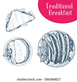 Traditional breakfast top view  vector illustration. English breakfast with sausages, tomatoes, sandwiches.