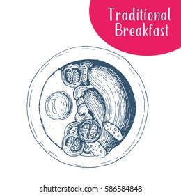 Traditional breakfast top view  vector illustration. English breakfast with fried eggs,, tomato and mushrooms
