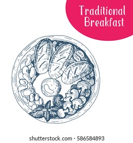 Traditional breakfast top view  vector illustration. English breakfast with fried eggs, beans and mushrooms.