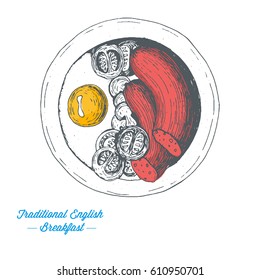 Traditional breakfast top view vector illustration. English breakfast with fried eggs, tomato and mushrooms