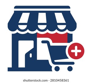 Traditional brick and mortar store front containing an interactive bright red plus add button icon. New branch retail business expansion store location rollout concept symbol.