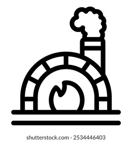 Traditional brick oven burning wood with smoke coming from chimney, simple black and white line art icon