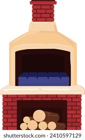 Traditional brick pizza oven with chimney and firewood. Authentic Italian pizzeria equipment. Cozy restaurant or home cooking vector illustration.