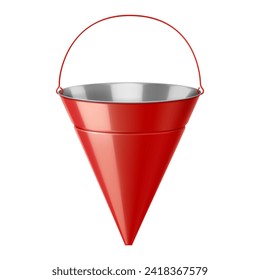Traditional bright red metal fire bucket isolated on white background. Fire fighting equipment. Realistic 3d vector illustration.