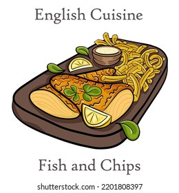 Traditional British fish and chips with potato and lemon