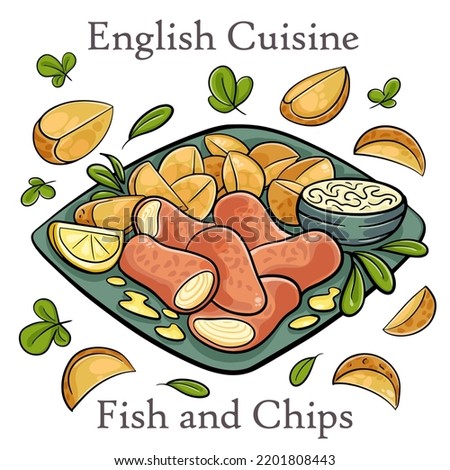 Traditional British fish and chips with potato and lemon