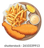 Traditional british fish and chips served with sauce and lemon. British dish. Vector illustration in eps 10. Suitable for menu, restaurant, recipe and cookbook