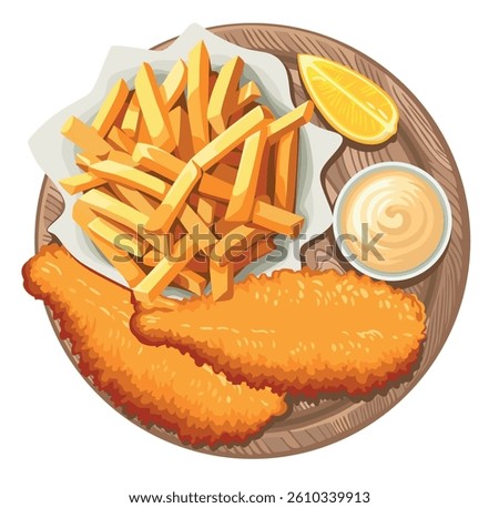 Traditional british fish and chips served with sauce and lemon. British dish. Vector illustration in eps 10. Suitable for menu, restaurant, recipe and cookbook