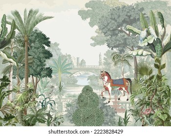 Traditional British, Mughal garden, forest, horse, parrot vector pattern