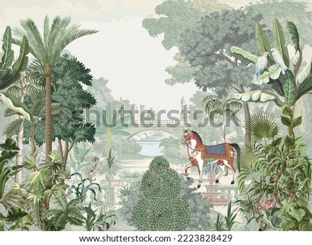 Traditional British, Mughal garden, forest, horse, parrot vector pattern