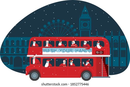 Traditional British red double decker bus full of Santas over Christmas London background. Safety measures during coronavirus COVID-19 quarantine on Christmas holidays. Vector illustration