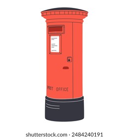 The traditional British red post box in London standing on the street. Isolated in a black and white picture.