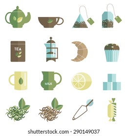 Traditional british tea accessories flat icons set with milk can lemon and teabags  abstract isolated  vector illustration