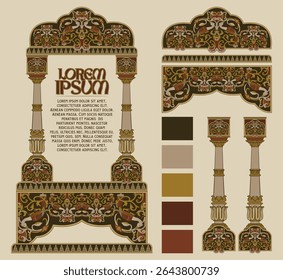 Traditional brown batik frame with floral and bird pattern, perfect for book covers, wedding invites, vintage labels, or Islamic art themes with Southeast Asian cultural ornament style.