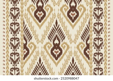 Traditional brown and beige Ikat seamless pattern with tribal geometric motifs. Ethnic design for wallpaper, textiles, and home decor. Cultural handcrafted art with boho aesthetics and vintage style