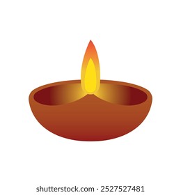 A traditional brown clay Diya with a Orange and yellow flame. used in Diwali and other religious rituals